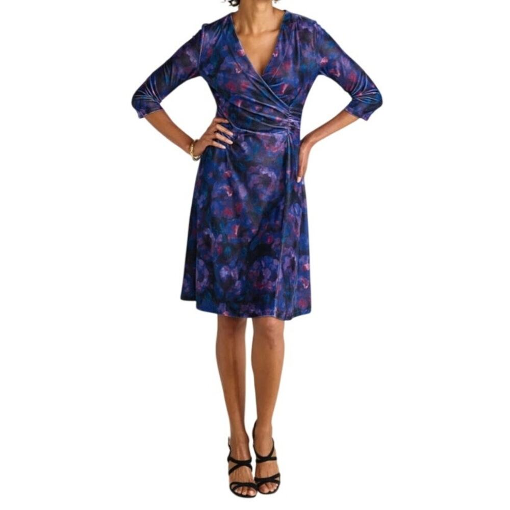 Soft Surroundings Velvet Hyannis Dress Blue Purple Size Medium Petite Faux Wrap